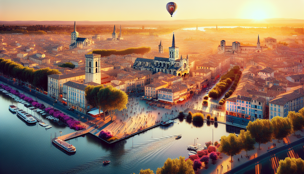 Avignon, France : Vue aérienne de la ville au coucher du soleil avec le Palais des Papes et une montgolfière.
