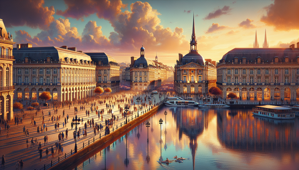 Ville en B : Vue pittoresque de Bordeaux. Place de la Bourse se reflétant dans la Garonne, architecture et animation.