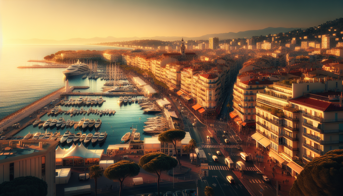Magnifique ville en C au coucher du soleil, La Croisette, le vieux port et Le Suquet en arrière-plan.