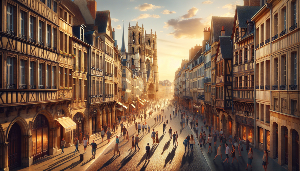 Vue animée d'une rue pittoresque à Dijon, en France, au coucher du soleil, avec des gens se promenant et des bâtiments historiques en arrière-plan.