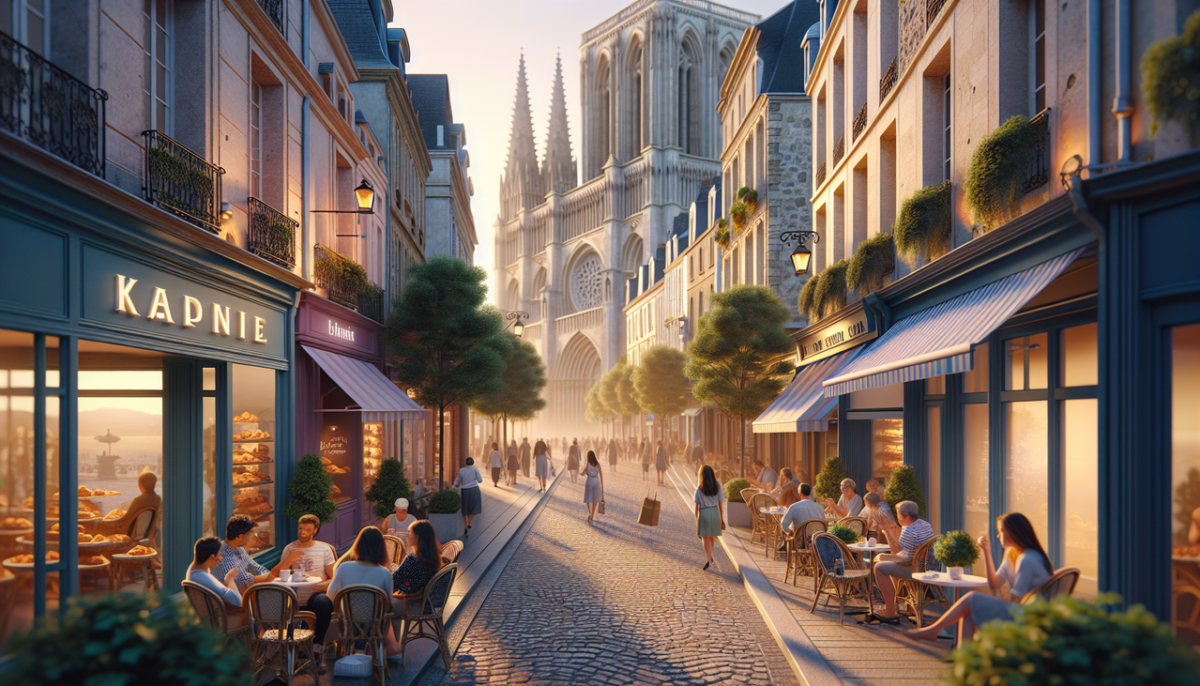 Ville en E : Rue animée à Evreux, café français, gens, soleil couchant, architecture colorée.