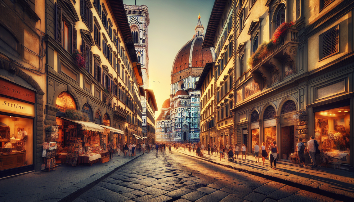 Ville en F, rue pavée ancienne de Florence au coucher du soleil, cathédrale en arrière-plan, locaux et touristes se promenant, boutiques d'époque, fleurs en fleur, collines toscanes à l'horizon.