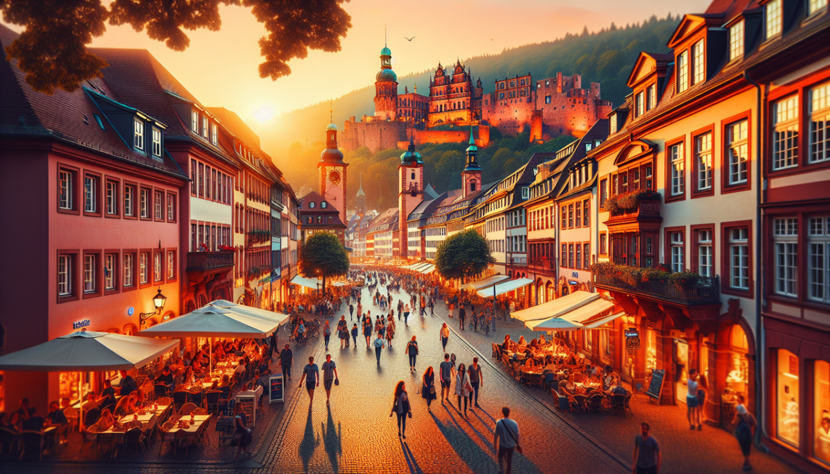 Heidelberg, Allemagne : scène de rue animée au coucher du soleil avec le château en arrière-plan.