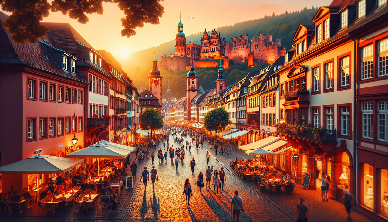 Heidelberg, Allemagne : scène de rue animée au coucher du soleil avec le château en arrière-plan.