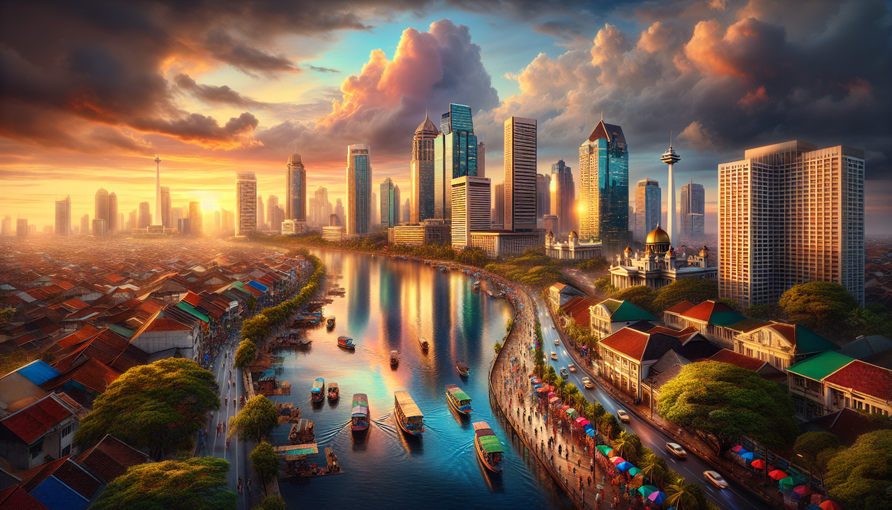 Vue époustouflante de Jakarta au coucher du soleil, gratte-ciel se reflétant sur la rivière, Monas visible. Riche en détails, couleurs vibrantes, vie urbaine.
