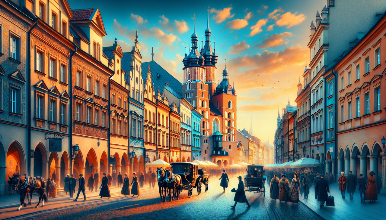 Ville en K : paysage urbain pittoresque à Cracovie, Pologne, avec bâtiments historiques et piétons sur pavés.