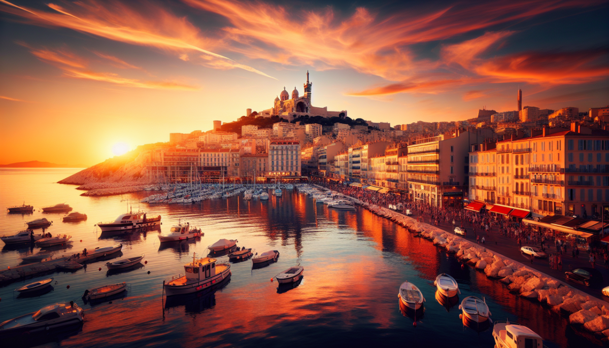 Vue panoramique du Vieux Port de Marseille au coucher du soleil, avec la mer calme reflétant les teintes vibrantes de l'orange et du rose.