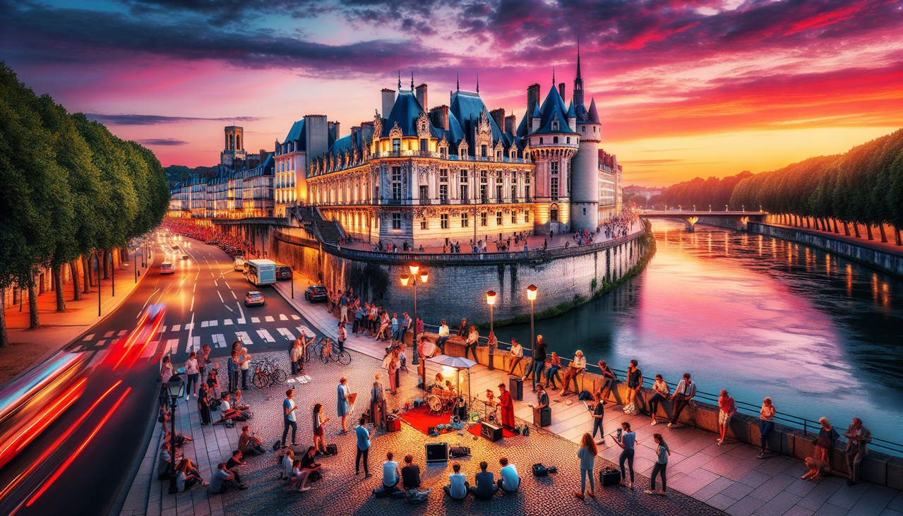 Ville en N, château des ducs de Bretagne illuminé au crépuscule à Nantes, France, Loire, architecture française, foule, musiciens.