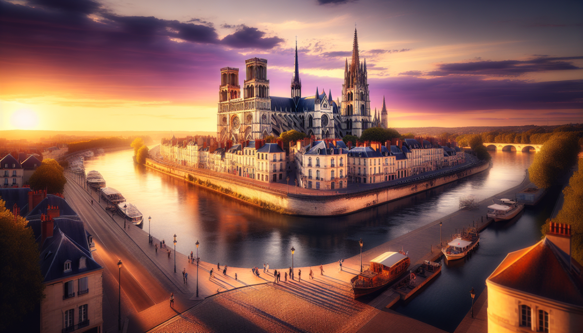 Panorama historique d'Orléans au coucher du soleil avec la Loire, la cathédrale et la ville.