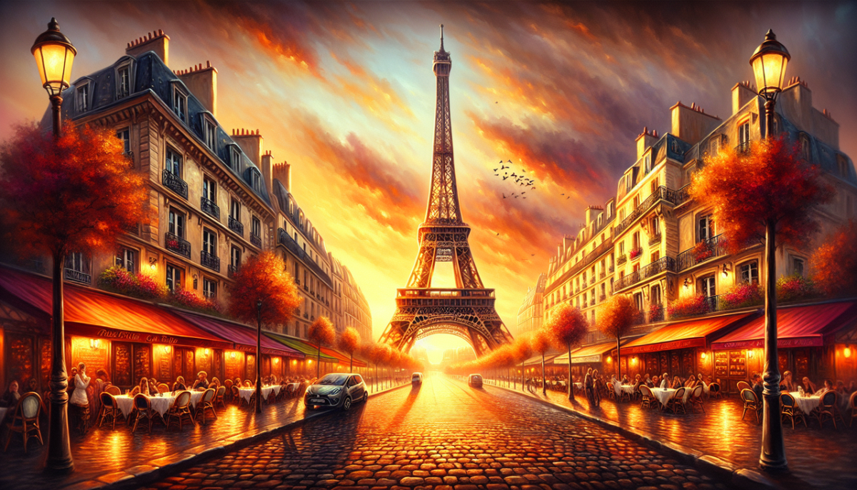Vue pittoresque de Paris avec la tour Eiffel sous un coucher de soleil chaleureux. Image: *Paris avec coucher de soleil sur la Tour Eiffel.*