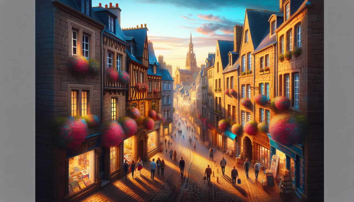 Ville en Q, rue pittoresque à Quimper, France, heure dorée, bâtiments anciens, pavés, fleurs, ciel bleu.