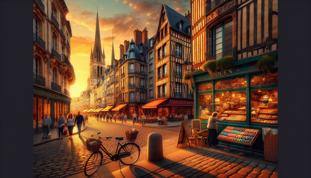 Vue animée d'une rue à Rouen, France, avec maisons à colombages, Gros Horloge, Cathédrale Notre-Dame et passants.