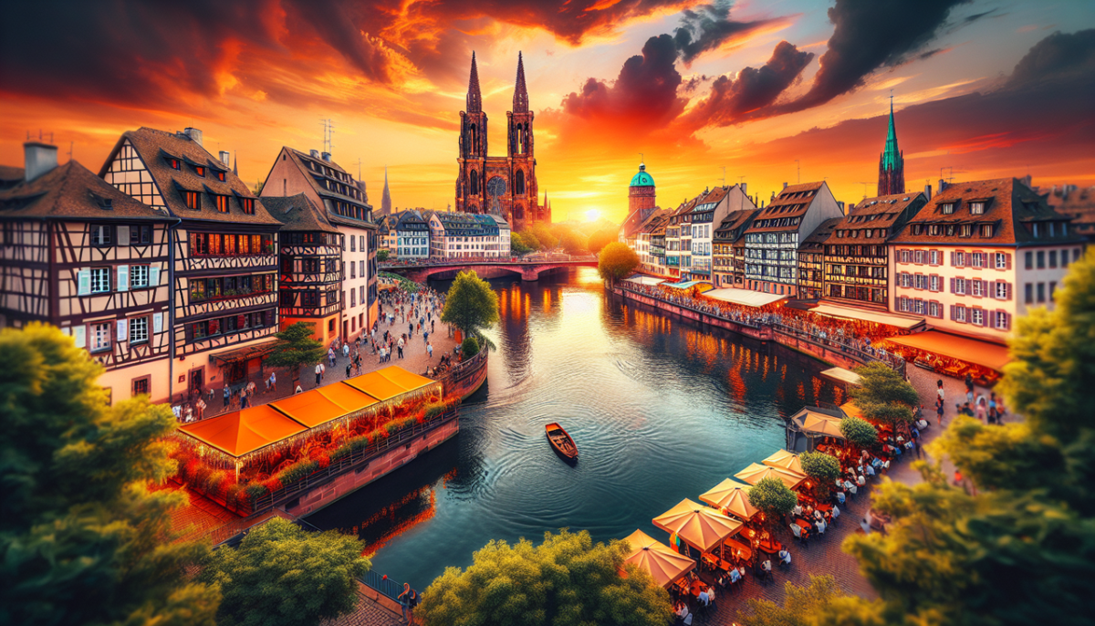 Vue panoramique de Strasbourg au coucher du soleil, silhouette de la cathédrale Notre-Dame et reflets de la rivière Ill, architecture typique.