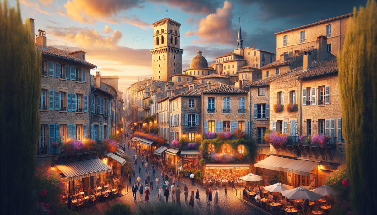 Ville en U, coucher de soleil doré sur Uzès, France, Tour Fenestrelle en arrière-plan.