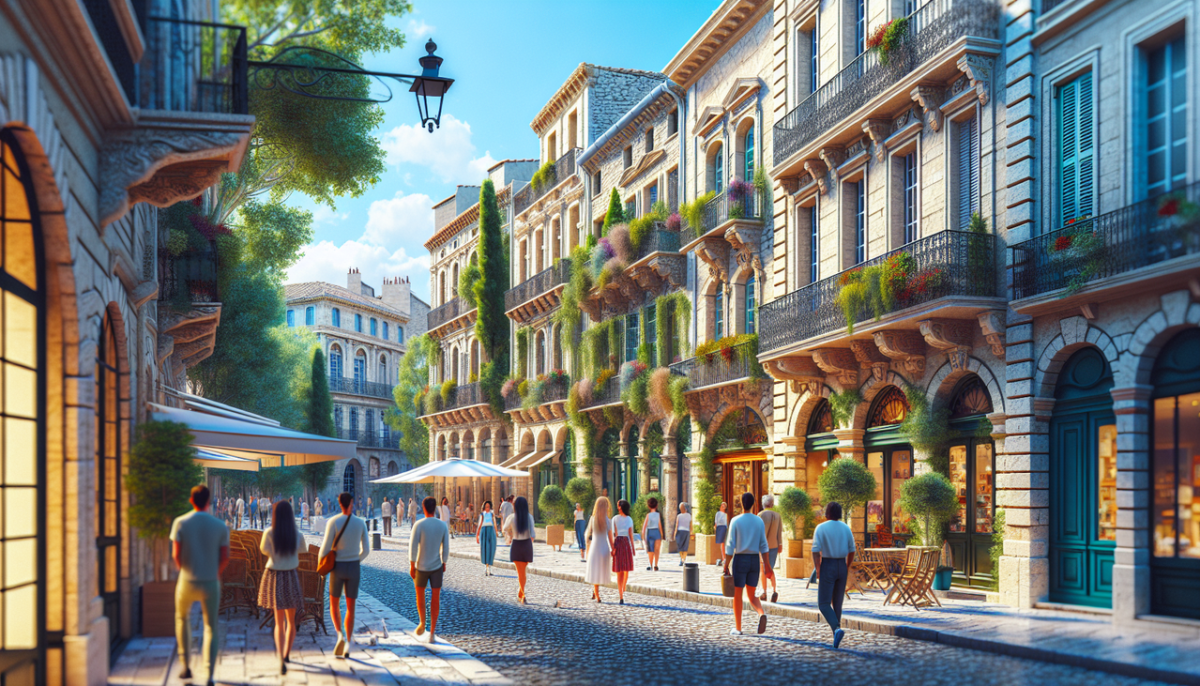 Ville en V : Rue pittoresque de Valence, façades colorées, ciel bleu, personnes se promenant, arbres verts.