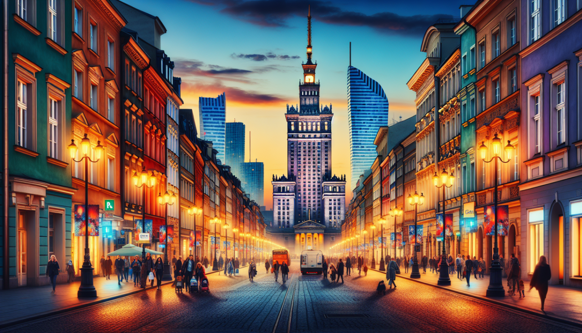 Ville en W à la tombée de la nuit, avec des passants et l'architecture variée.