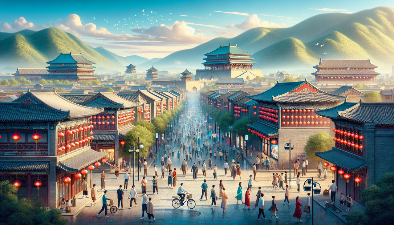 Ville en X, mélange d'architecture ancienne et moderne sous ciel bleu clair. Personnes, vélos, lanternes, Mausolée de Qianling, vie urbaine dynamique. Optimal pour Google Image.