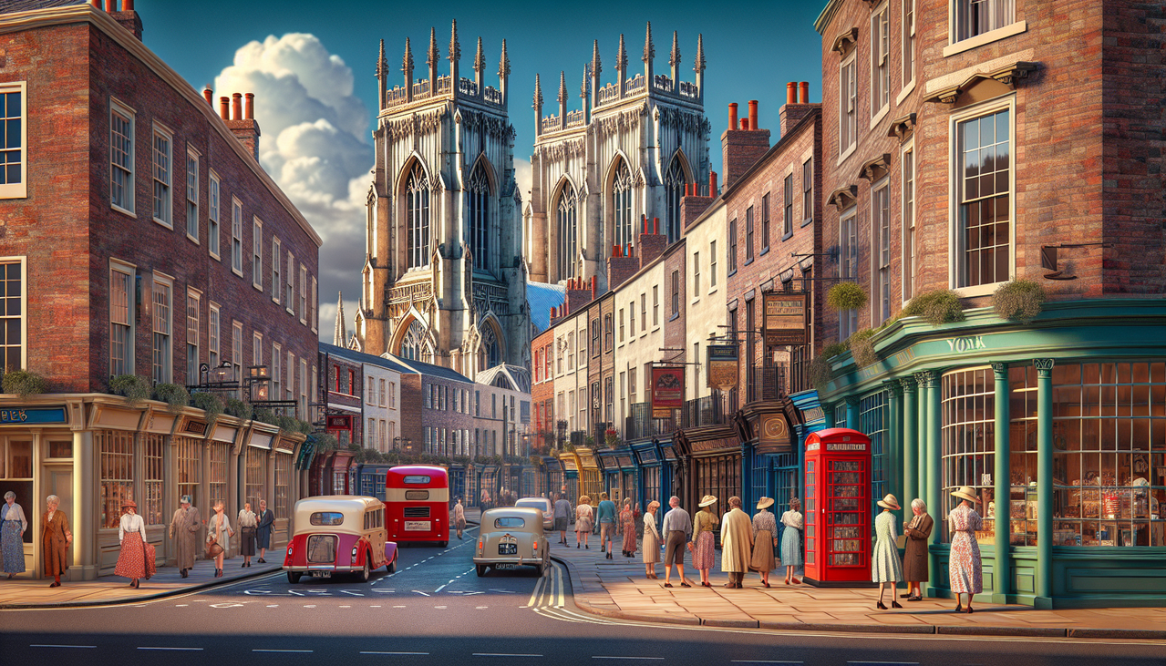 Bâtiments variés et vie urbaine à York, avec la cathédrale de York Minster en arrière-plan.