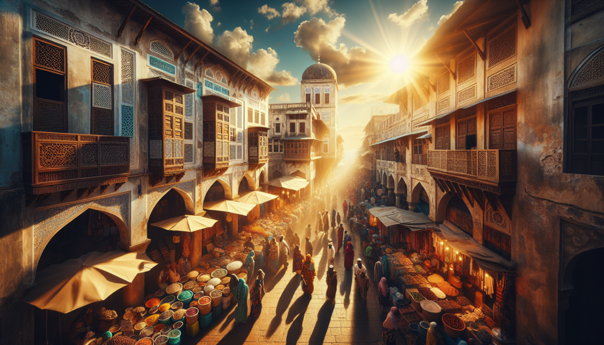 Photo d'une rue animée à Zanzibar avec marché et architecture variée.