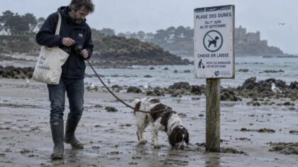 Chien tenu en laisse sur une plage de sable autorisée