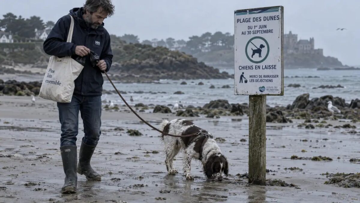 Chien tenu en laisse sur une plage de sable autorisée