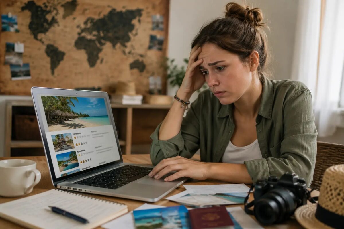 Voyageurs consultant les détails d'un séjour organisé avant réservation