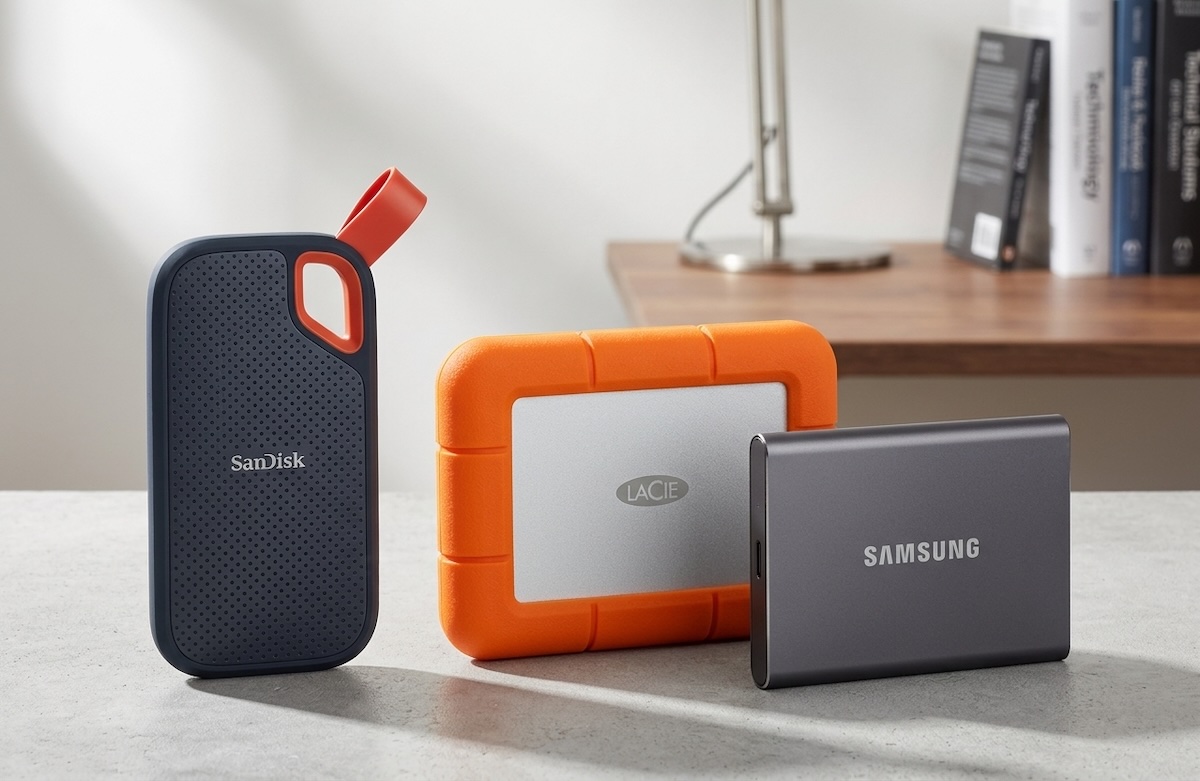 Disque dur externe portable relié à un ordinateur par un câble USB