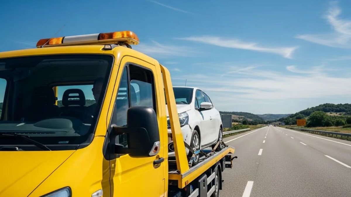 Dépanneuse chargeant une voiture en panne sur le bord de la route